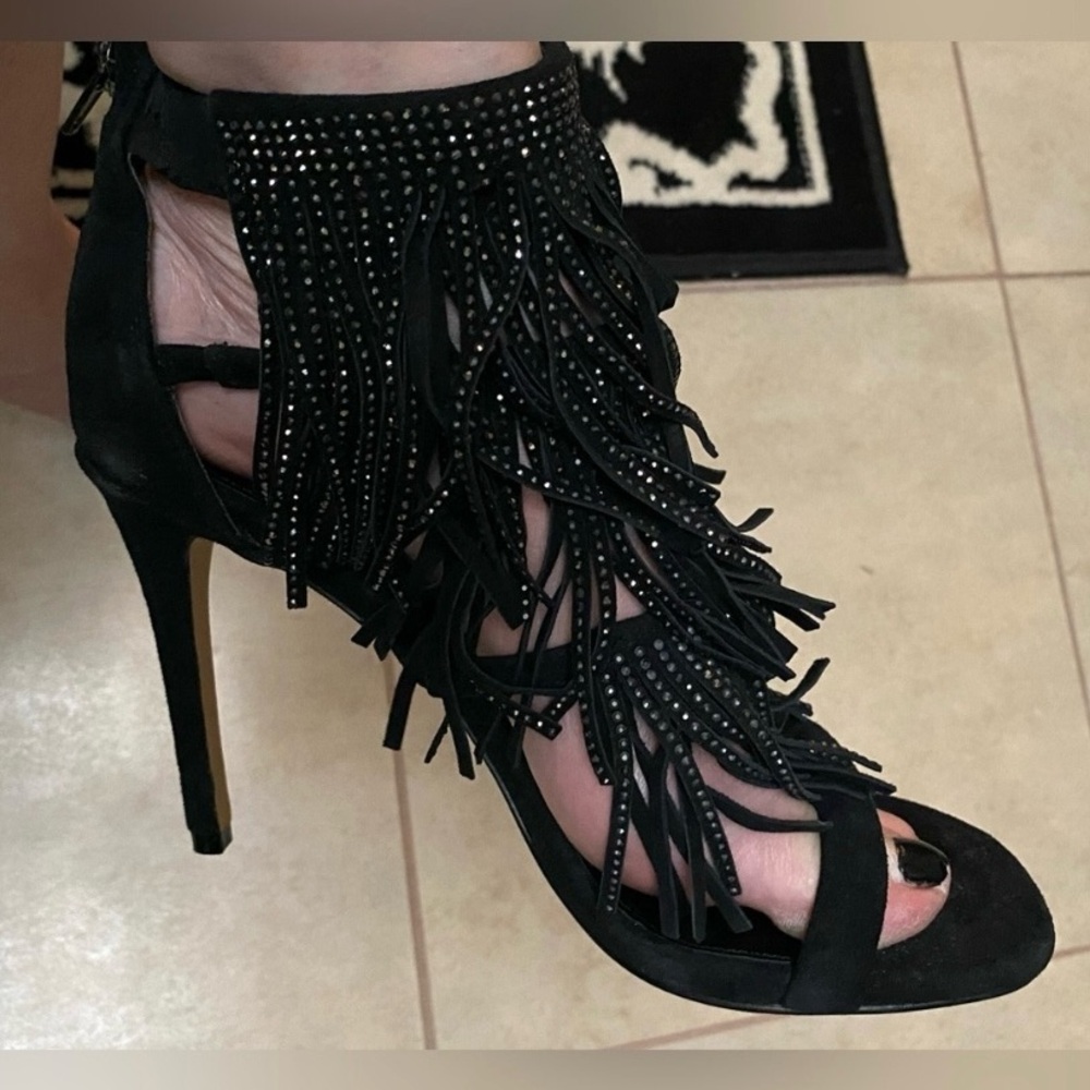 Steve Madden black rhinestone suede fringe high heels
